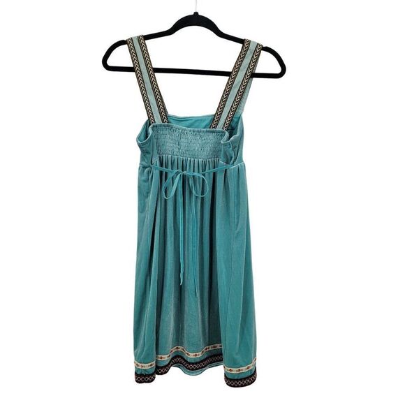 Free People Baby Doll Dress XS Teal Blue Velour Mini Smocked Ribbon Trim Boho - Picture 6 of 10